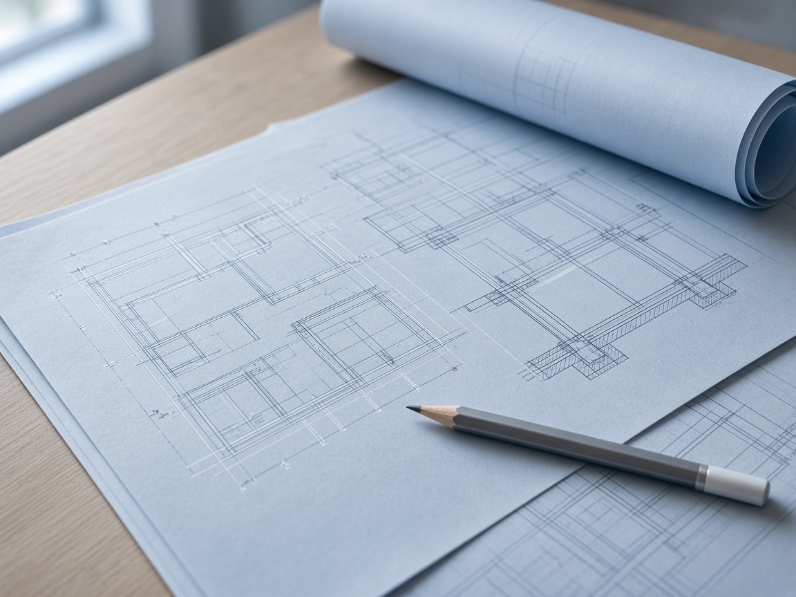 Architectural drawings on a desk